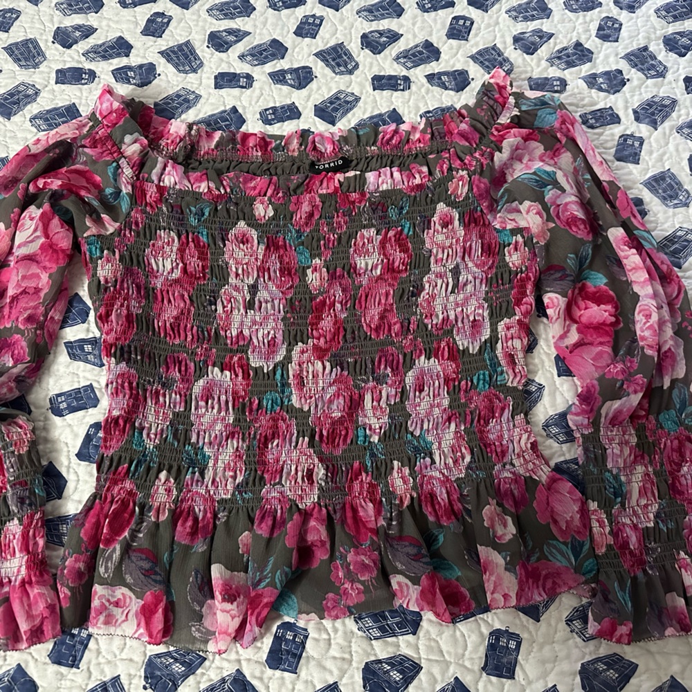 Torrid Pink and Green Floral Smocked Top